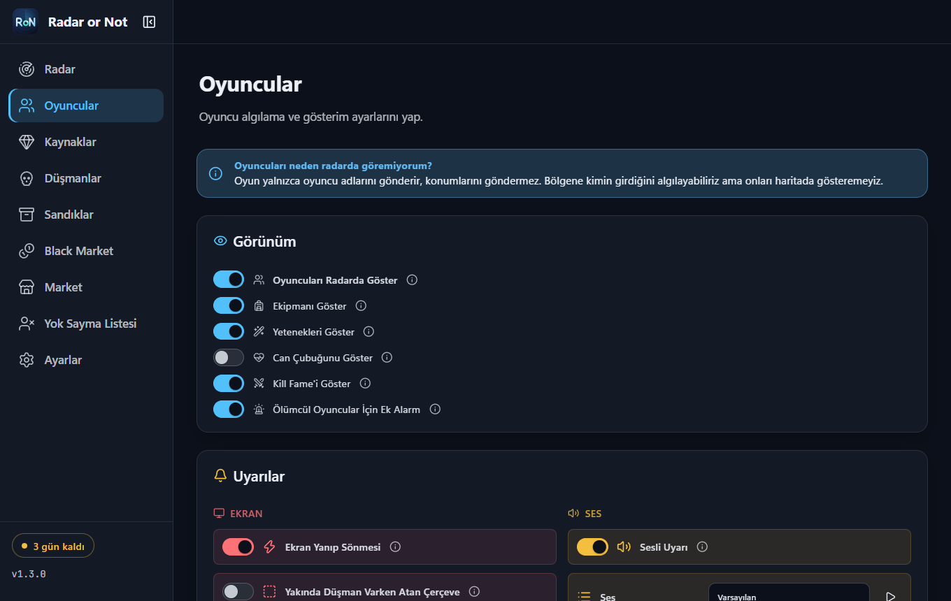 Oyuncu uyarıları: ses, ekran uyarısı ve bekleme süresi ayarları.