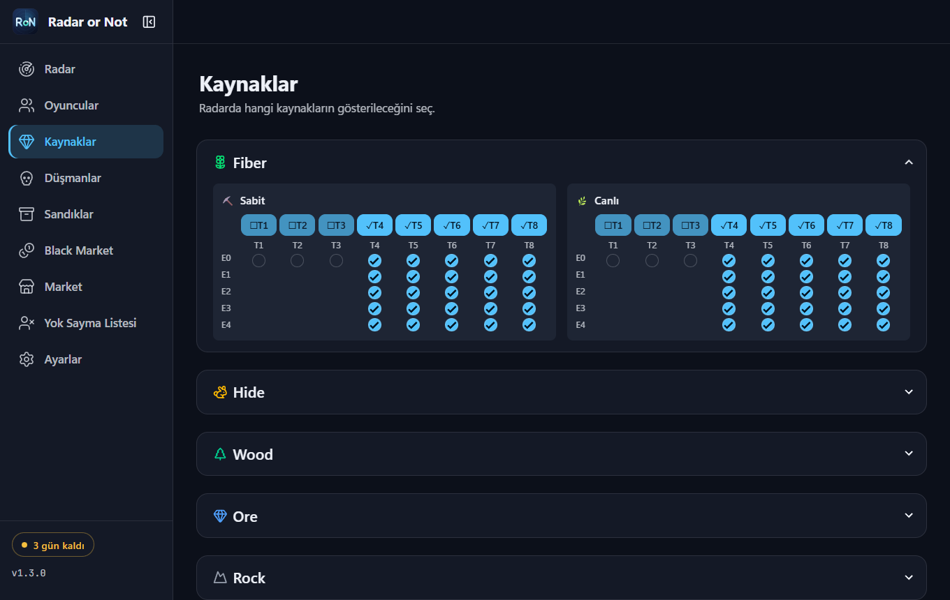 Kaynaklar: kademe ve enchant seviyesine göre filtre.